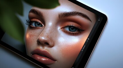 Poster - Closeup of a digital makeup application simulator displayed on a tablet device with an empty white background showcasing the modern technology and innovation in the beauty and cosmetics industry
