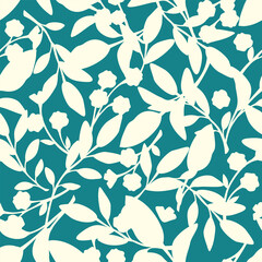 Wall Mural - floral pattern with white flowers and leaves silhouettes on a blue background. vector seamless flora