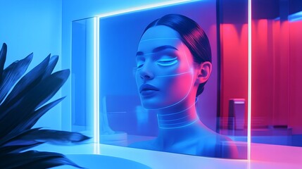 Poster - A photograph of a futuristic digital mirror displaying personalized skincare advice and product recommendations on its interactive screen  The mirror utilizes advanced technology