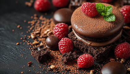 Wall Mural - Sweet dessert plate with fresh raspberry and chocolate generated by AI