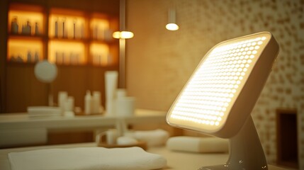 Poster - A photograph of a light therapy lamp shining with soft ambient lighting on a clean minimalist treatment area