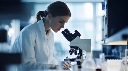 Poster - Scientist examining microbiome cultures under a microscope in a modern laboratory focusing on the advanced technology used for skincare product development and research