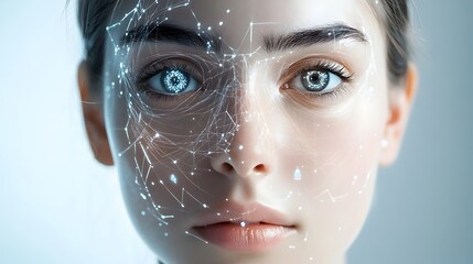 Poster - Digital skin analysis tool displaying futuristic graphics that visualize microbiome balance to tailor customized skincare treatments for personalized wellness and beauty