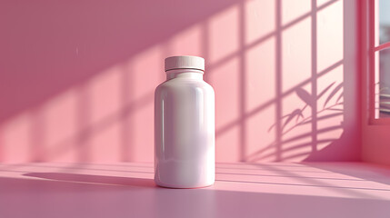 Wall Mural - A white bottle with a blank label sits on a pink surface in front of a window with a pink wall. The sun streams in, casting shadows on the wall and the bottle.