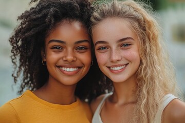 Portrait of two cheerful young women standing together, Generative AI