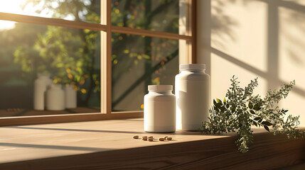 Two white supplement bottles sit on a windowsill, bathed in warm sunlight. A sprig of greenery adds a touch of nature to the scene.