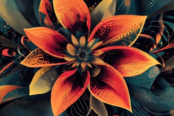 Canvas Print - Abstract Orange Flower with Black and Yellow Details