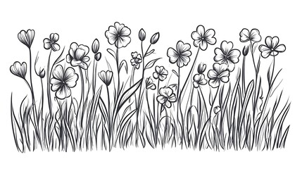 Doodle sketch set of grass. Hand-drawn outline of a grass field with sprout, flower
