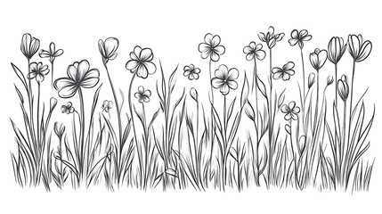 Doodle sketch set of grass. Hand-drawn outline of a grass field with sprout, flower