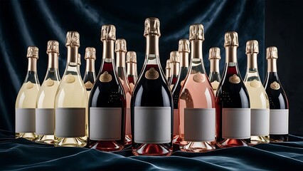 Low angle view of bottles with white, red and rose wine and blank labels on dark background with back light