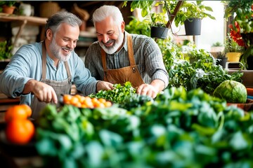 Two men preparing fresh vegetables in a cozy kitchen garden setting, copy space for text