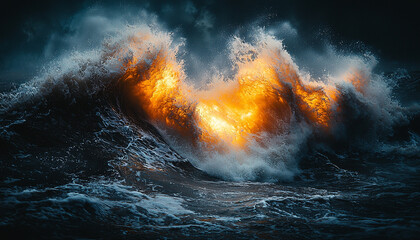 Wall Mural - Dark wave crashing, wet surf splashing danger heat generated by AI