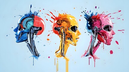 Colorful Robotic Heads With Paint Splashes.