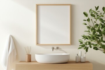 Wall Mural - Minimalist Bathroom Frame Mockup with Floating Vanity and Plant