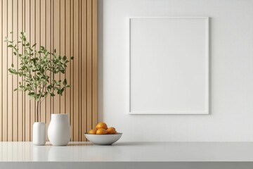 Wall Mural - Modern Kitchen Interior with White Frame Mockup on Sleek Wall