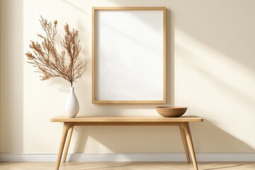 Wall Mural - Modern Entryway Close-Up Frame Mockup with White Frame, Floating Console Table, Decorative Bowl, and Plant