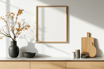 Wall Mural - Modern Kitchen Frame Mockup with Wooden Frame and Kitchen Tools on Sleek Countertop