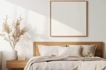 Wall Mural - Minimalist Bedroom Close-Up Frame Mockup with Modern Bed and Thin White Frame