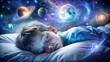 © Iuliia - Dreamy young boy sleeping on pillow with cosmic elements surrounding, imaginative and serene atmosphere