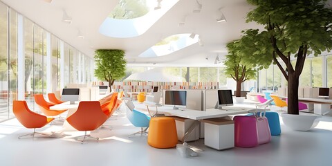 Wall Mural - Vibrant white office with mixed color furniture and big trees, 3D render.