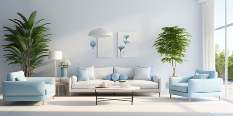 Wall Mural - White living room featuring green plants and blue decor details, with elegant furniture and a clean aesthetic, 3D render.