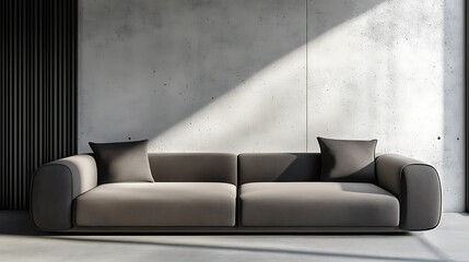 Wall Mural - A modern grey sofa in a minimalist living room with concrete walls and natural light.