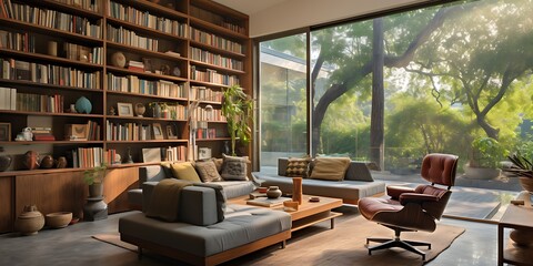 Wall Mural - A Chandigarh home library with modern shelving, comfortable seating, and large windows.