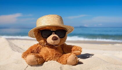 teddy bear on vacation wearing sunglasses and a straw hat at the beach