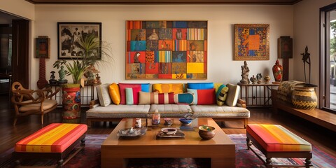 Wall Mural - A Chandigarh living room featuring a blend of modern and traditional Indian elements with vibrant textiles.