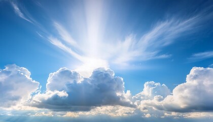 Wall Mural - ethereal cloudscape with fluffy cumulus clouds drifting across vibrant blue sky sunbeams piercing through creating heavenly atmosphere