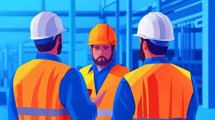 Three construction workers discuss project plans in a vibrant industrial setting wearing safety gear and helmets.