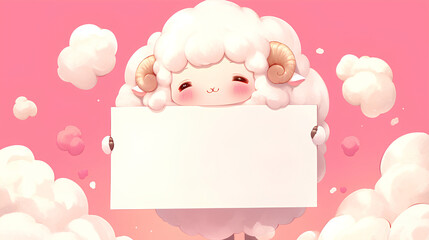 cute sheep holding up a blank sign, colorful cartoon character, empty banner,, anime style, cute kawaii, simple, smiling happy. isolated background