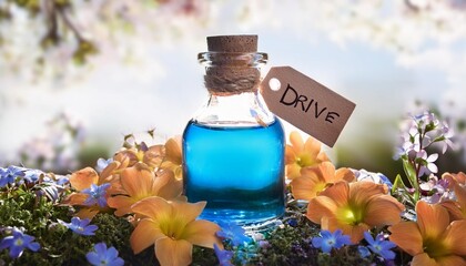 enchanting blue potion in vial with drink me tag amidst whimsical spring blooms