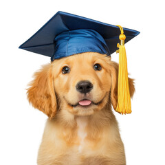 Golden retriever puppy wearing a blue graduation cap with a yellow tassel, cut out transparent isolated PNG