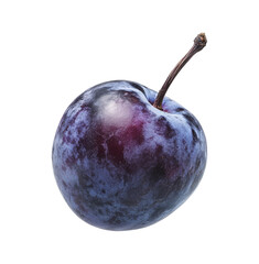 Fresh, ripe purple plum resting on a clean, white surface, transparent