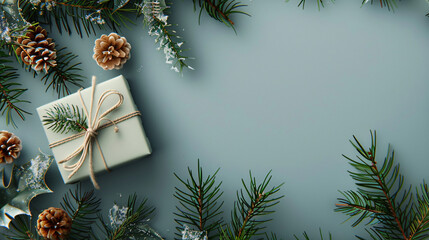 Poster - Festive christmas gift box surrounded by pine branches, cones, and snow on a beautiful blue table