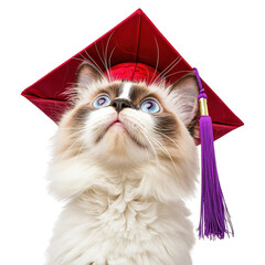 Adorable fluffy cat with blue eyes wearing a red graduation cap looking up, isolated on white background. Education and pet concept.