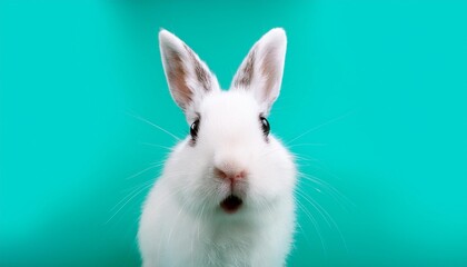 Wall Mural - shocked white bunny isolated on a mint background