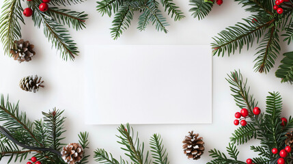 Poster - Festive holiday season frame with christmas card mockup and natural winter elements on white background