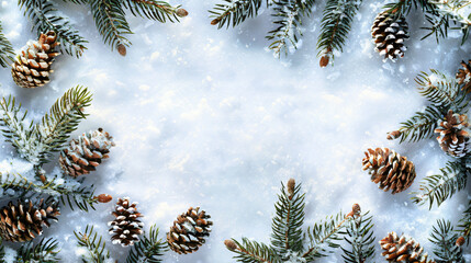 Poster - Christmas border composed of fresh fir branches and pine cones laying on a snow covered surface