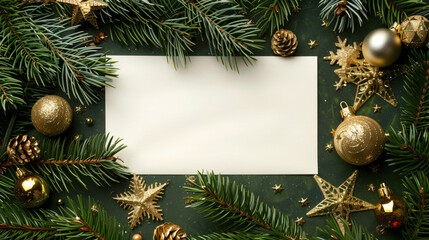Poster - Christmas border composition with fir branches, golden ornaments and blank card on a dark green background