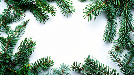 Poster - Minimal christmas background with fir branches forming a frame on white background