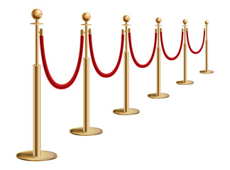 Barriers with red rope line. VIP zone, closed event restriction. Realistic image of golden poles with velvet rope. Isolated on white background