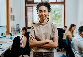 Leinwandbilder - Woman, smile and portrait in creative office for startup, artist and happy for small business agency. Manager, workshop and art director or female person with arms crossed, project and entrepreneur