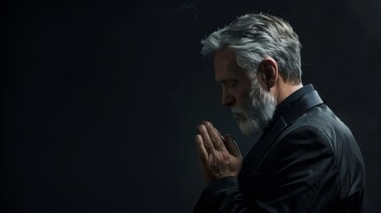 Poster - A man with a beard and gray hair is praying