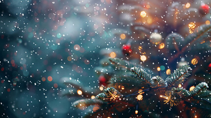 Aufkleber - Snow is gently falling on a decorated christmas tree with sparkling lights, creating a magical holiday atmosphere
