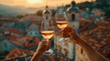 Hand holding wine glass closeup view with rooftop view of medieval european old town