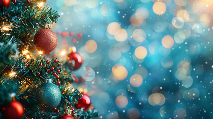 Canvas Print - Christmas tree decorated with red and teal ornaments is sparkling on blue background with bokeh and snow