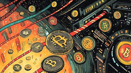 Cryptocurrency and blockchain technology concept with bitcoin symbol and various digital currency icons