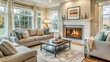 © Olga - Cozy living room with beige sofas and fireplace, warm interior design with copy space